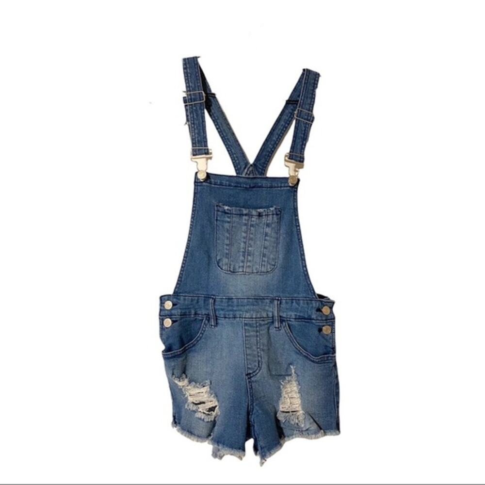 Refuge Denim Light Wash Blue Overall Shorts Shortalls Distressed Women's Size 4